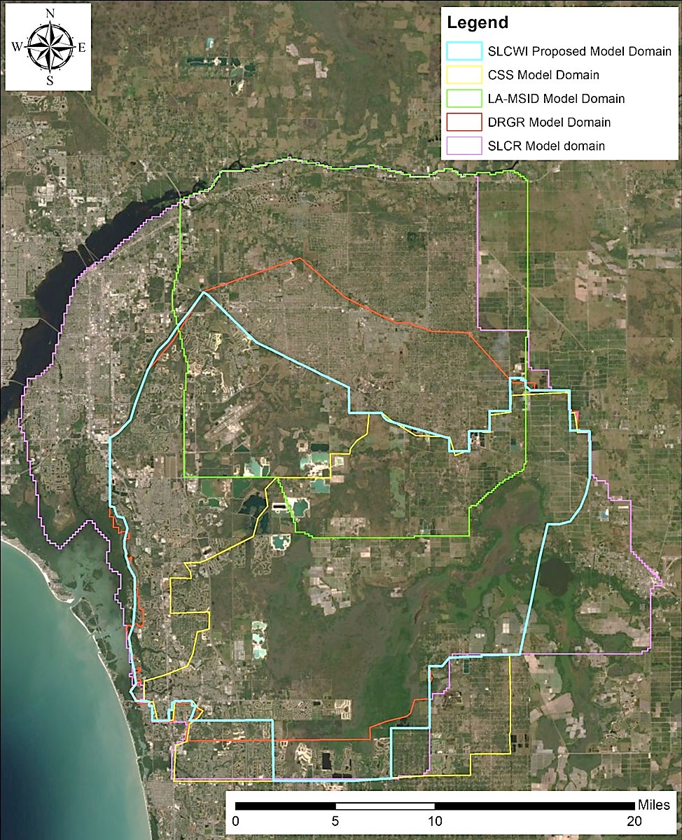 South Lee County Watershed Initiative model domain over an aerial of South Lee County